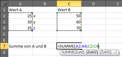 Summe() getrennte Werte mit Semikolon